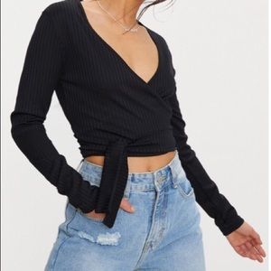 Pretty Little Thing Black Rib Long Sleeve Wrap Top